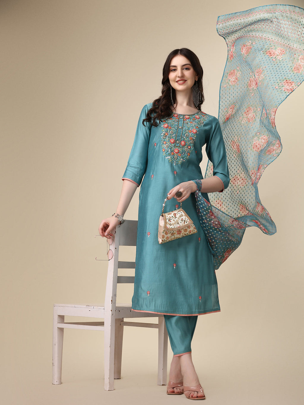 Hand Embroidered Kurta With Pant & Printed Dupatta Set, Multicolor - Hiral Fashion - Distacart
