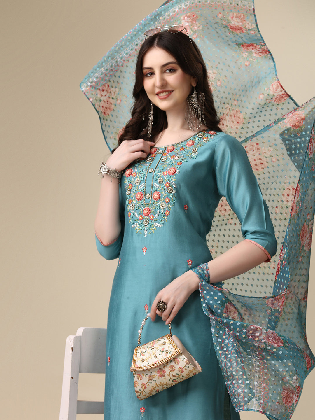 Hand Embroidered Kurta With Pant & Printed Dupatta Set, Multicolor - Hiral Fashion - Distacart