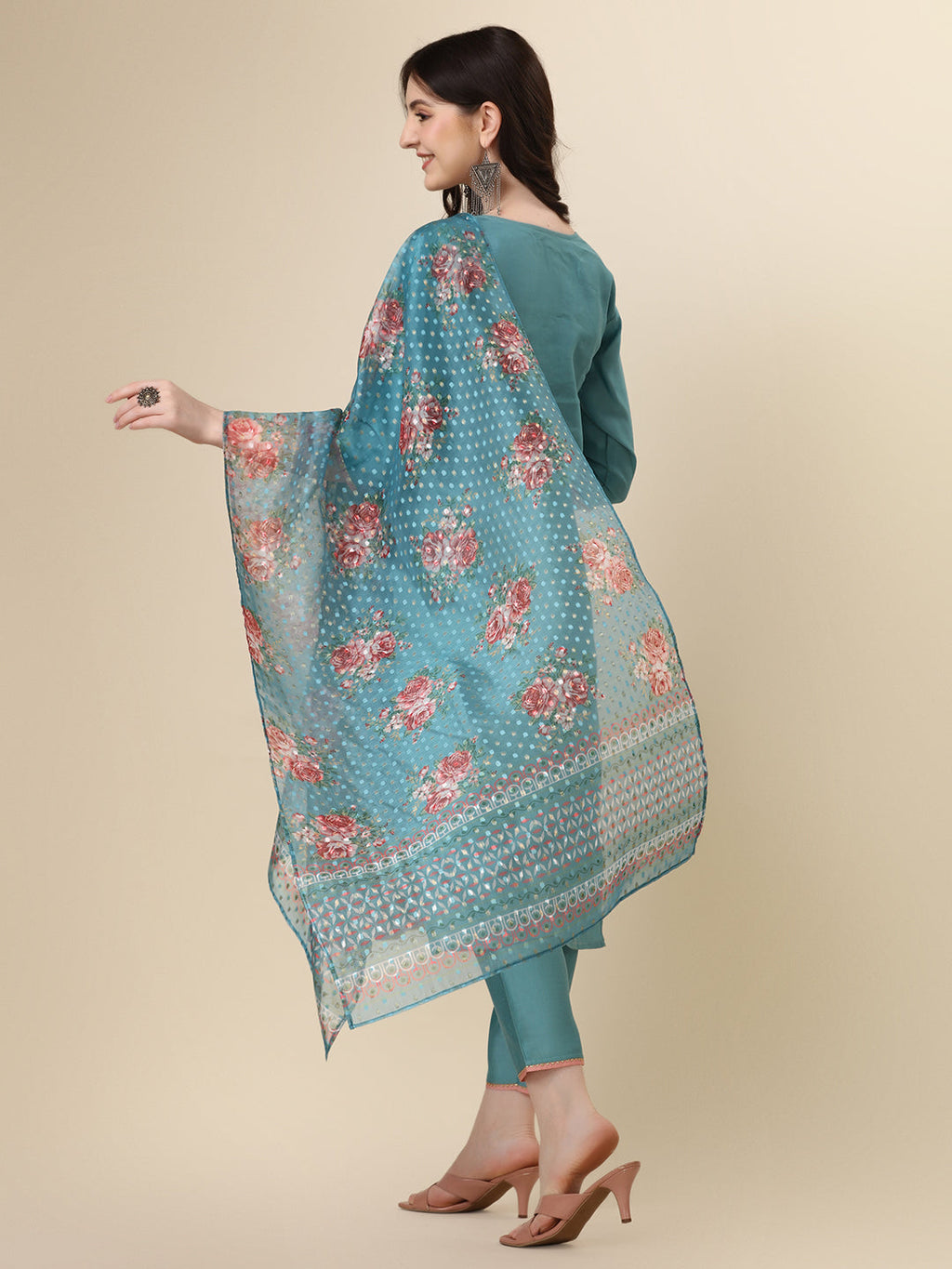 Hand Embroidered Kurta With Pant & Printed Dupatta Set, Multicolor - Hiral Fashion - Distacart