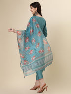 Hand Embroidered Kurta With Pant & Printed Dupatta Set, Multicolor - Hiral Fashion - Distacart