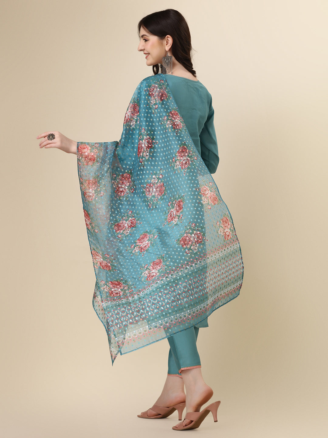 Hand Embroidered Kurta With Pant & Printed Dupatta Set, Multicolor - Hiral Fashion - Distacart