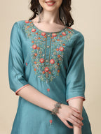 Hand Embroidered Kurta With Pant & Printed Dupatta Set, Multicolor - Hiral Fashion - Distacart