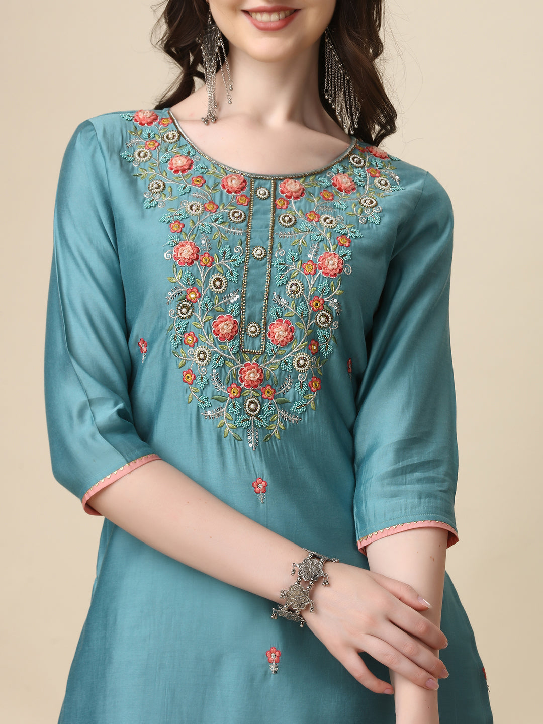 Hand Embroidered Kurta With Pant & Printed Dupatta Set, Multicolor - Hiral Fashion - Distacart