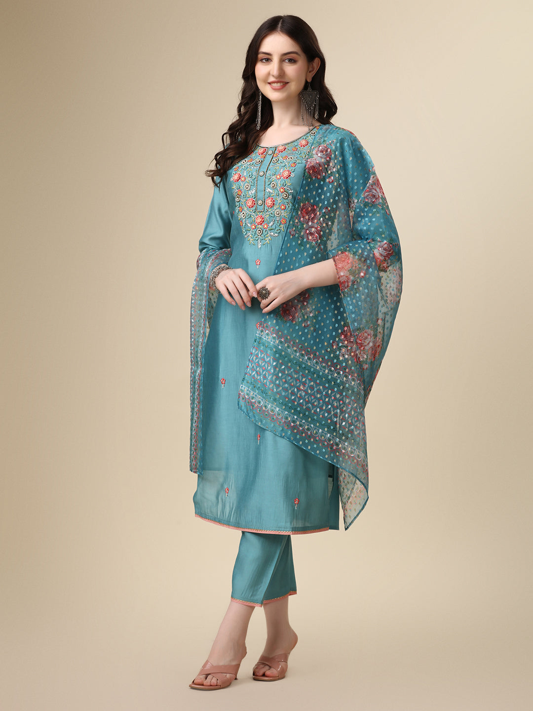 Hand Embroidered Kurta With Pant & Printed Dupatta Set, Multicolor - Hiral Fashion - Distacart