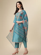 Hand Embroidered Kurta With Pant & Printed Dupatta Set, Multicolor - Hiral Fashion - Distacart