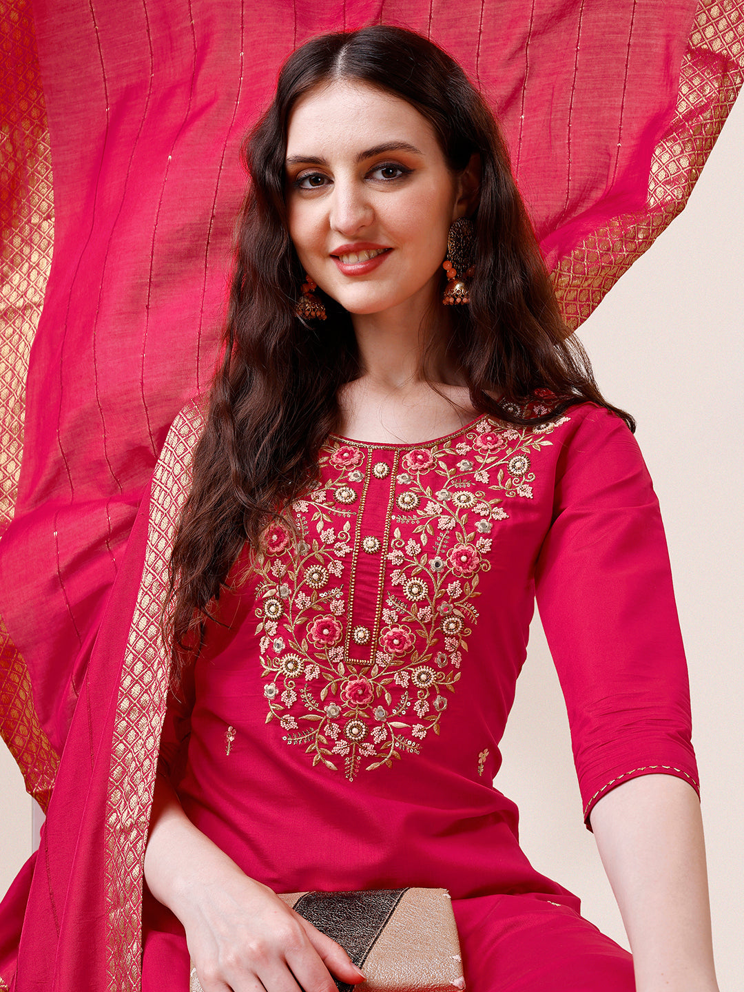Hand Embroidered Kurta With Pant & Dupatta, Multicolor - Hiral Fashion