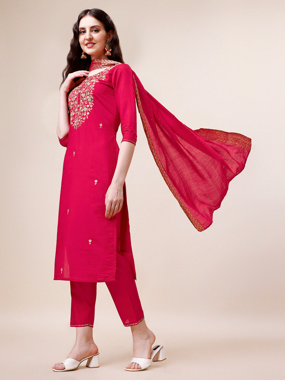 Hand Embroidered Kurta With Pant & Dupatta, Multicolor - Hiral Fashion