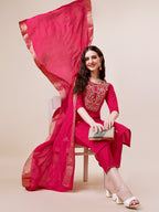 Hand Embroidered Kurta With Pant & Dupatta, Multicolor - Hiral Fashion