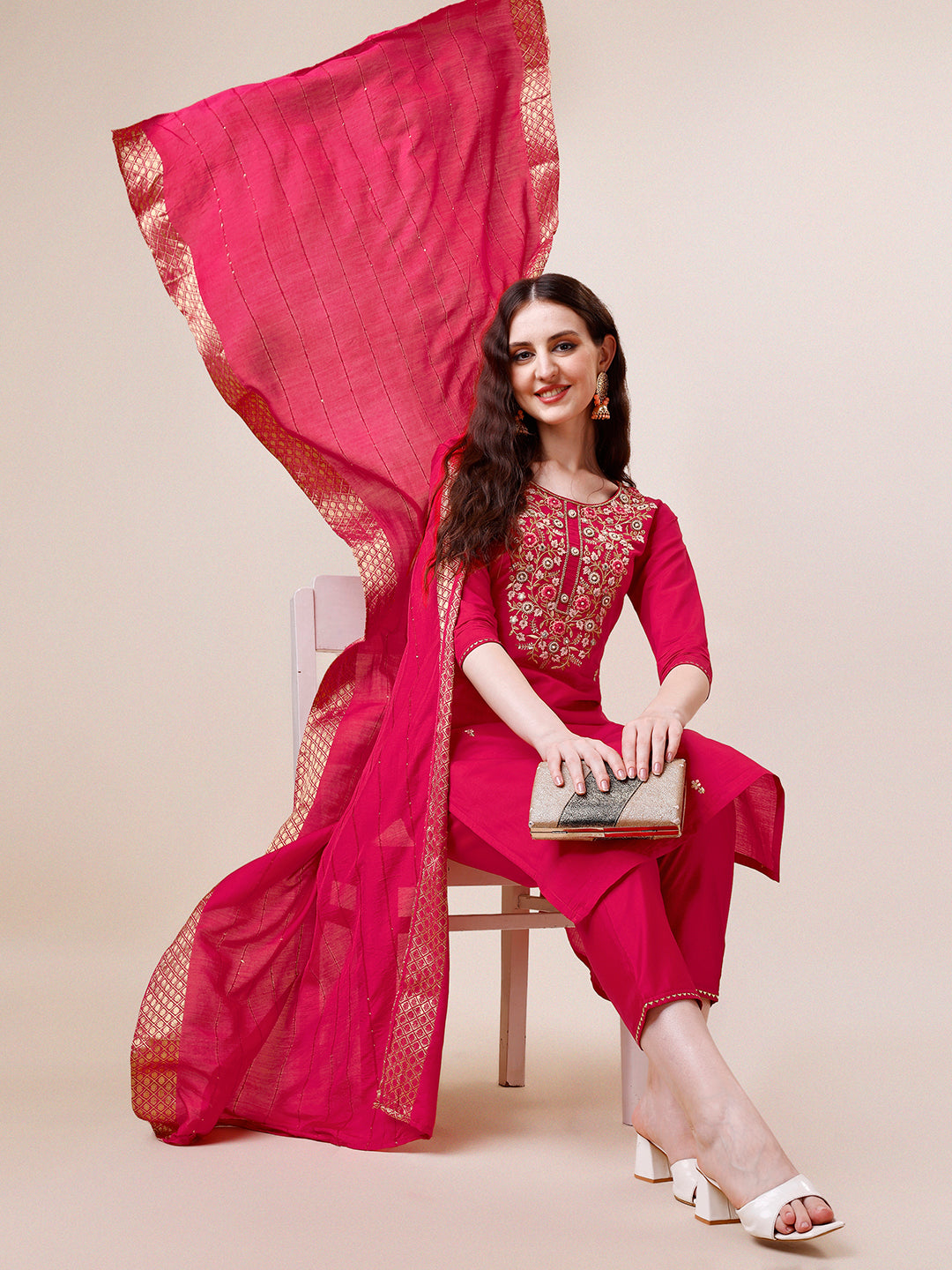 Hand Embroidered Kurta With Pant & Dupatta, Multicolor - Hiral Fashion