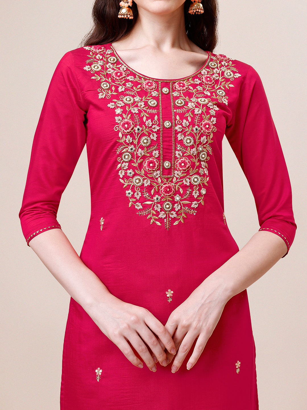 Hand Embroidered Kurta With Pant & Dupatta, Multicolor - Hiral Fashion