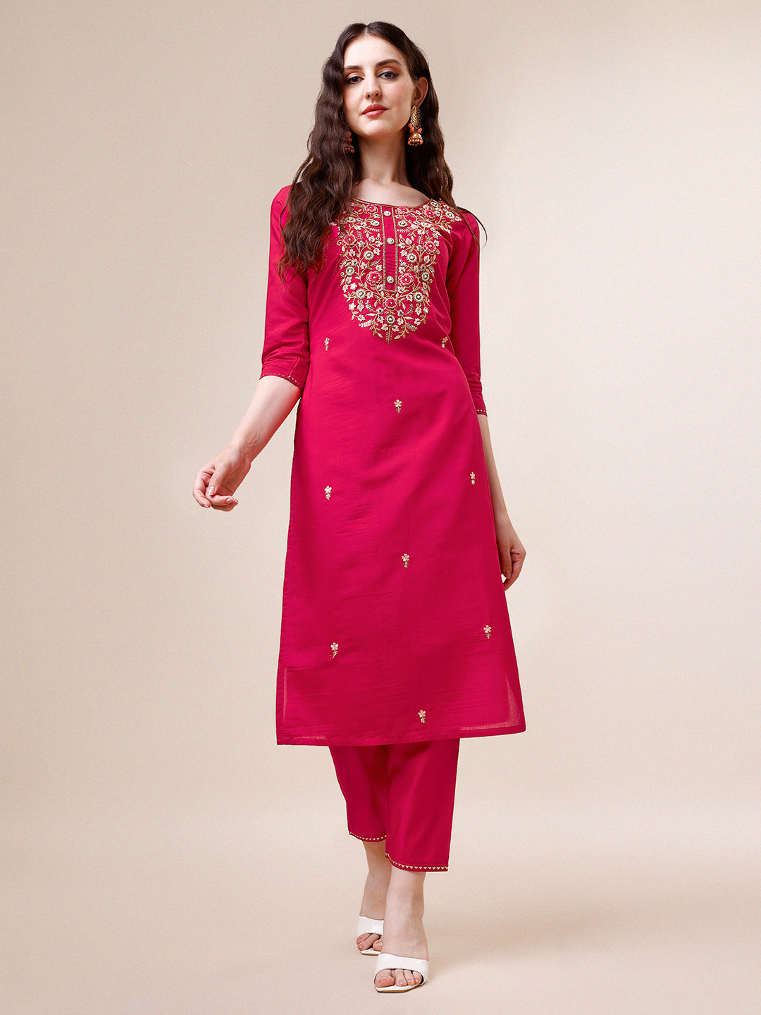 Hand Embroidered Kurta With Pant & Dupatta, Multicolor - Hiral Fashion