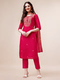 Hand Embroidered Kurta With Pant & Dupatta, Multicolor - Hiral Fashion