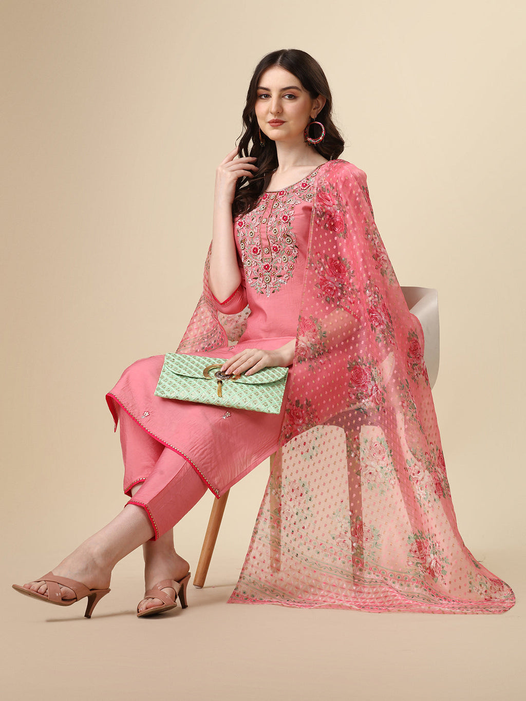 Embroidered Kurta With Pant & Printed Dupatta Set, Multicolor - Hiral Fashion - Distacart