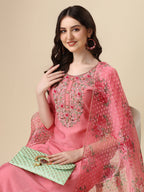 Embroidered Kurta With Pant & Printed Dupatta Set, Multicolor - Hiral Fashion - Distacart