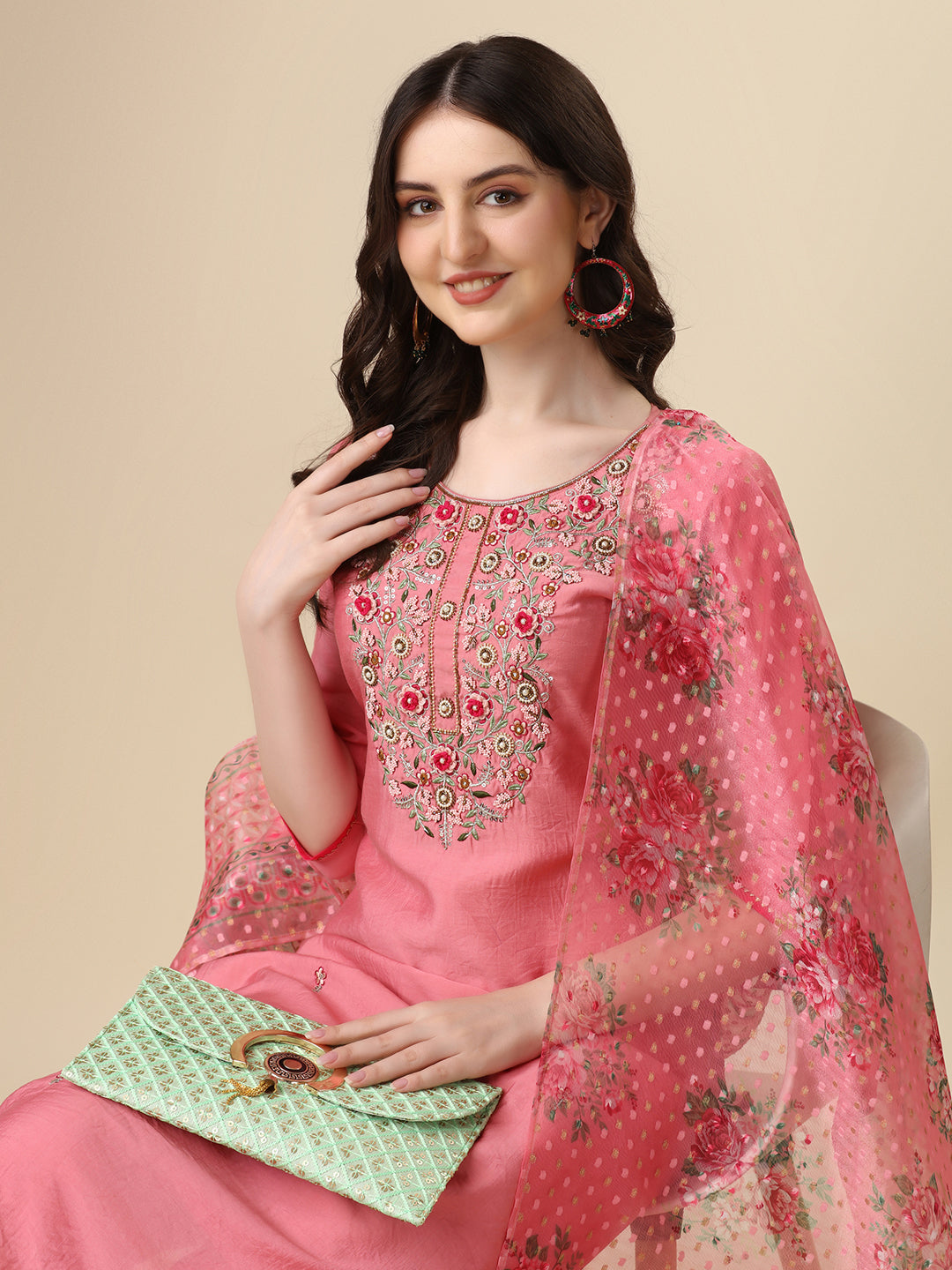Embroidered Kurta With Pant & Printed Dupatta Set, Multicolor - Hiral Fashion - Distacart
