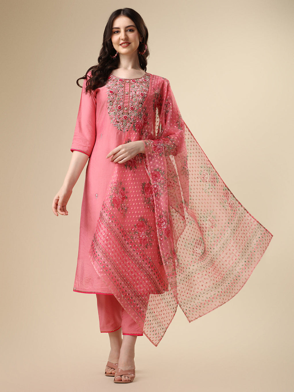 Embroidered Kurta With Pant & Printed Dupatta Set, Multicolor - Hiral Fashion - Distacart