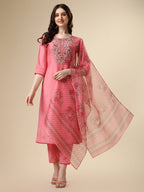 Embroidered Kurta With Pant & Printed Dupatta Set, Multicolor - Hiral Fashion - Distacart