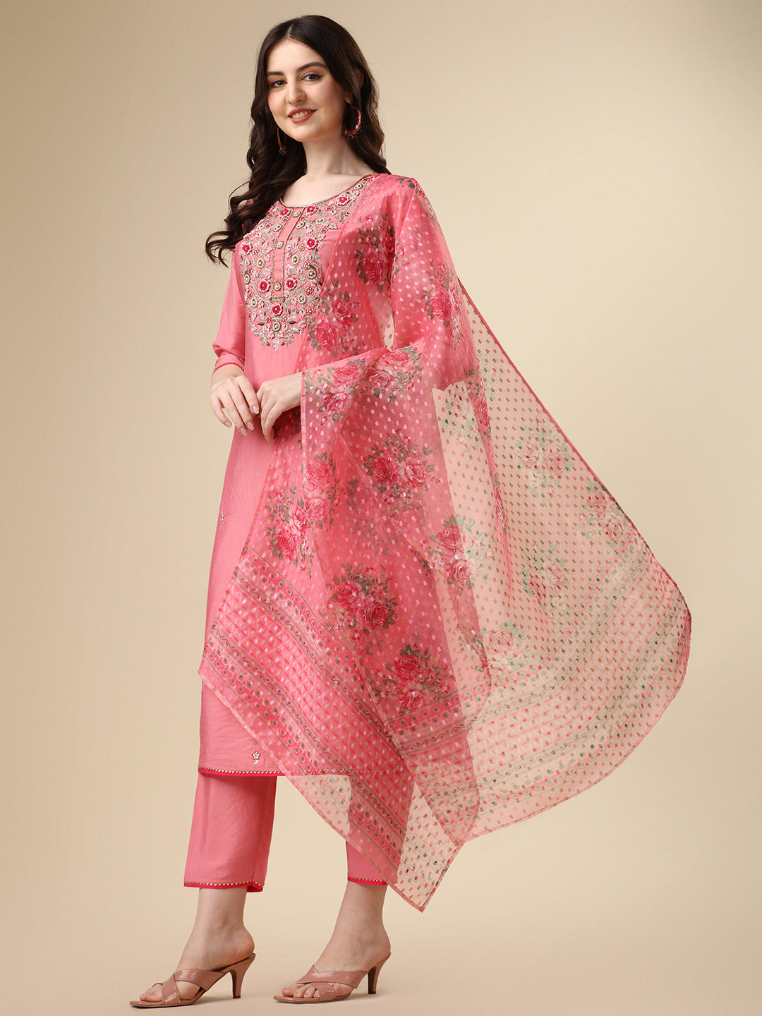Embroidered Kurta With Pant & Printed Dupatta Set, Multicolor - Hiral Fashion - Distacart