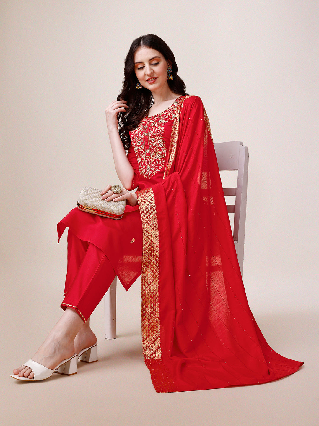 Hand Embroidered Kurta With Pant & Dupatta, Multicolor - Hiral Fashion