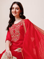 Hand Embroidered Kurta With Pant & Dupatta, Multicolor - Hiral Fashion