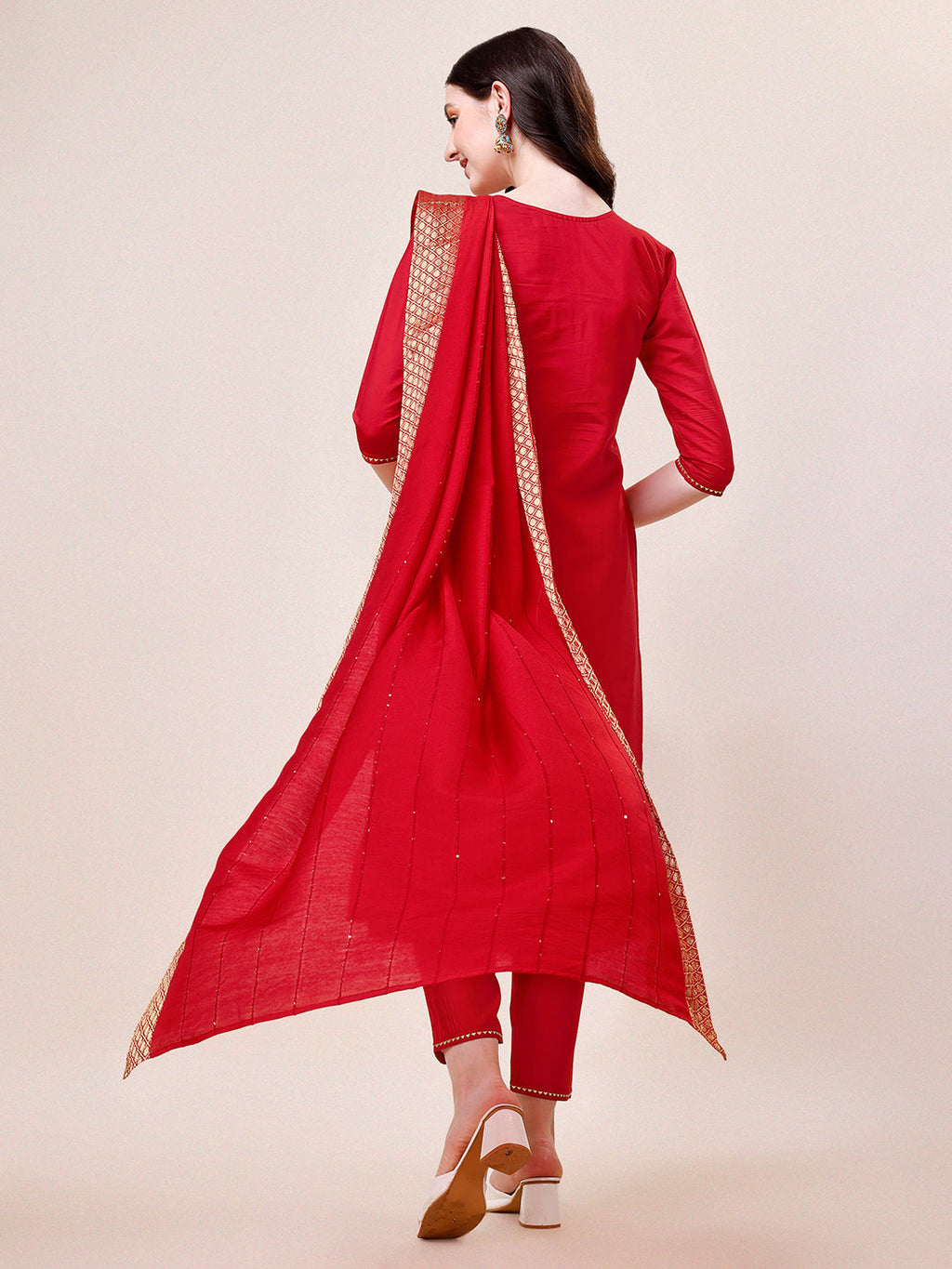 Hand Embroidered Kurta With Pant & Dupatta, Multicolor - Hiral Fashion