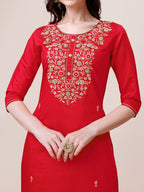 Hand Embroidered Kurta With Pant & Dupatta, Multicolor - Hiral Fashion