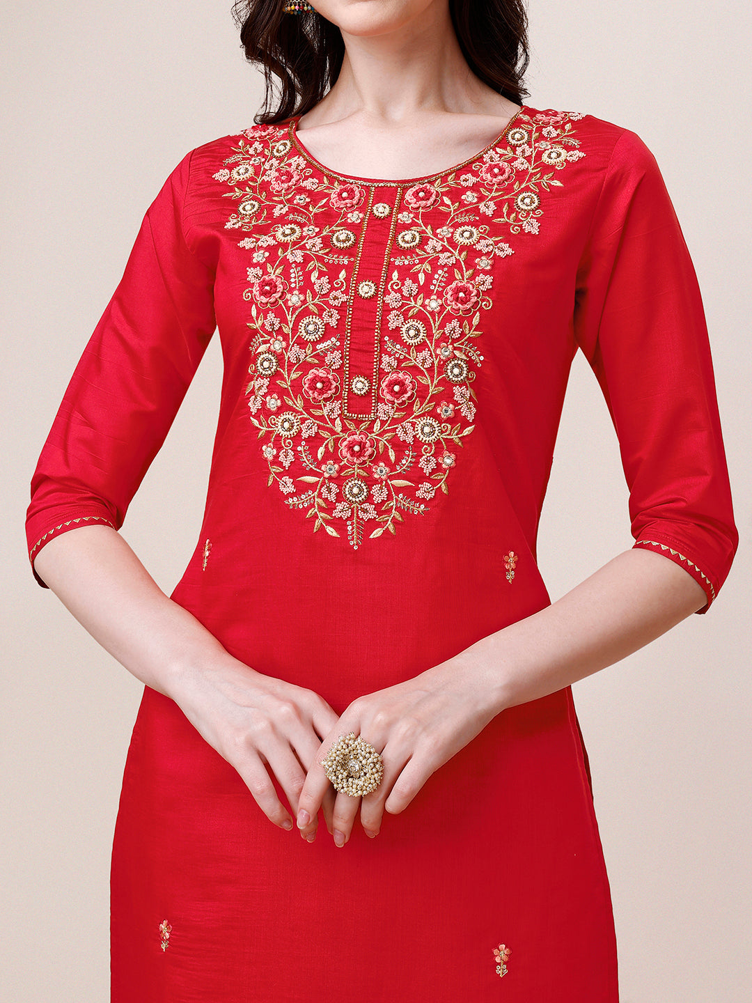 Hand Embroidered Kurta With Pant & Dupatta, Multicolor - Hiral Fashion