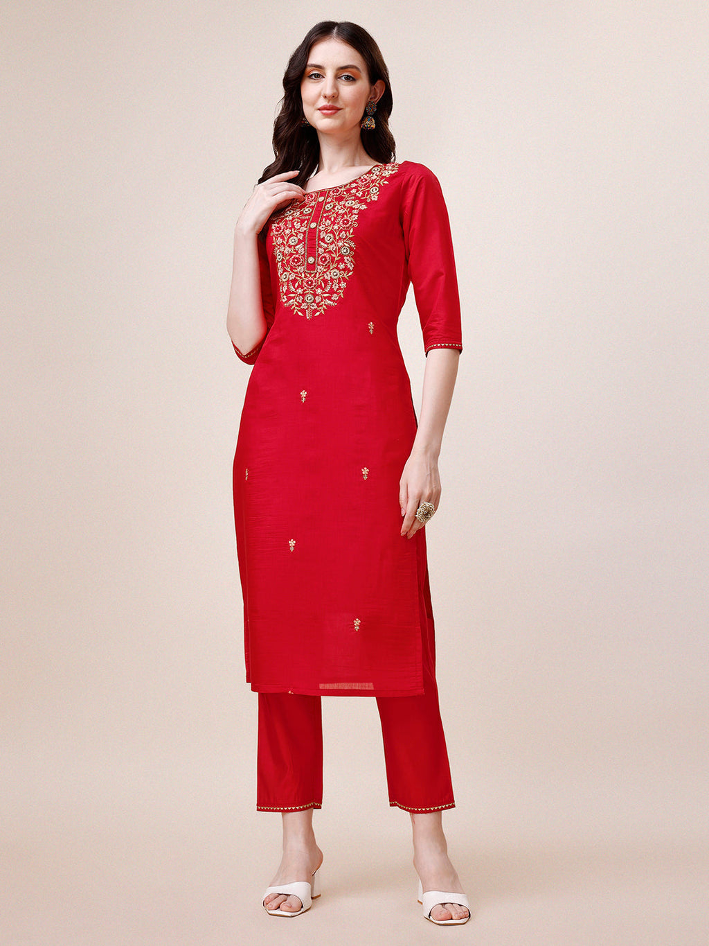 Hand Embroidered Kurta With Pant & Dupatta, Multicolor - Hiral Fashion