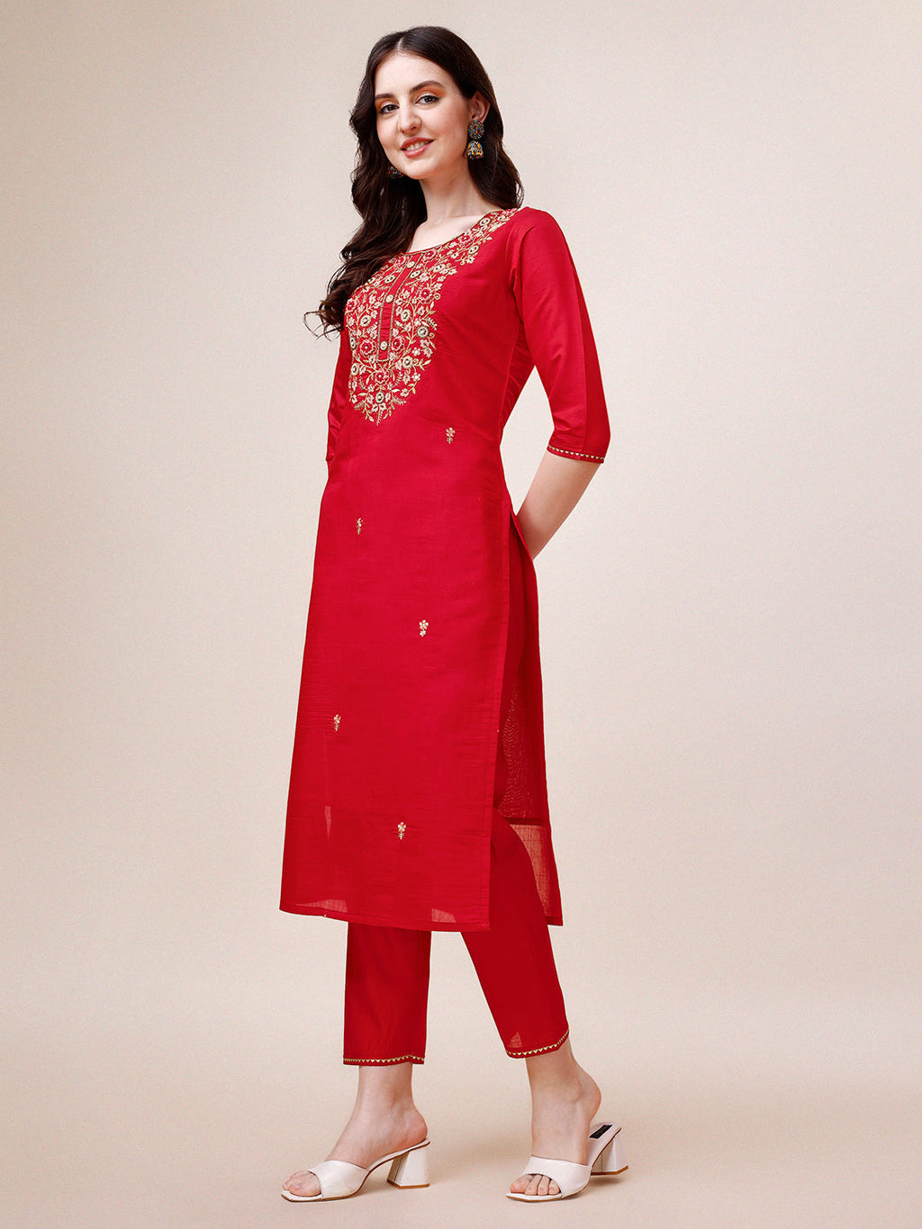 Hand Embroidered Kurta With Pant & Dupatta, Multicolor - Hiral Fashion