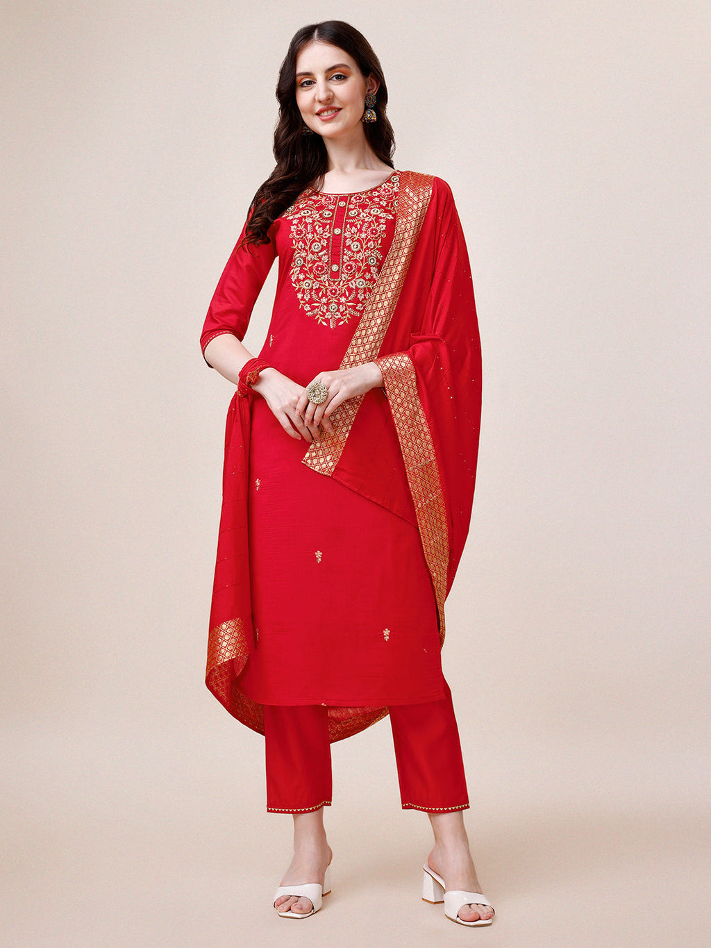 Hand Embroidered Kurta With Pant & Dupatta, Multicolor - Hiral Fashion