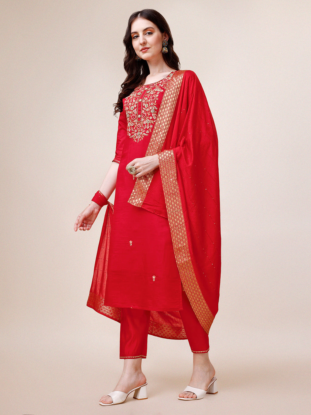 Hand Embroidered Kurta With Pant & Dupatta, Multicolor - Hiral Fashion
