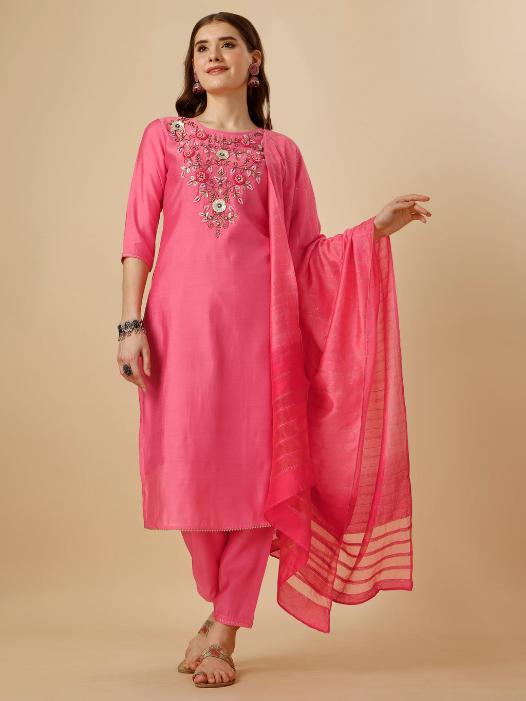 Embroidered Kurta With Pant And Dupatta Set, Multicolor - Hiral Fashion - Distacart
