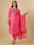 Embroidered Kurta With Pant And Dupatta Set, Multicolor - Hiral Fashion - Distacart