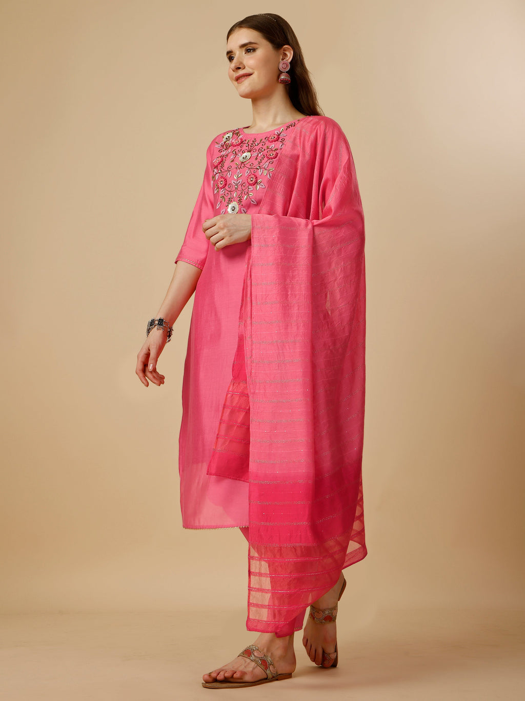 Embroidered Kurta With Pant And Dupatta Set, Multicolor - Hiral Fashion - Distacart