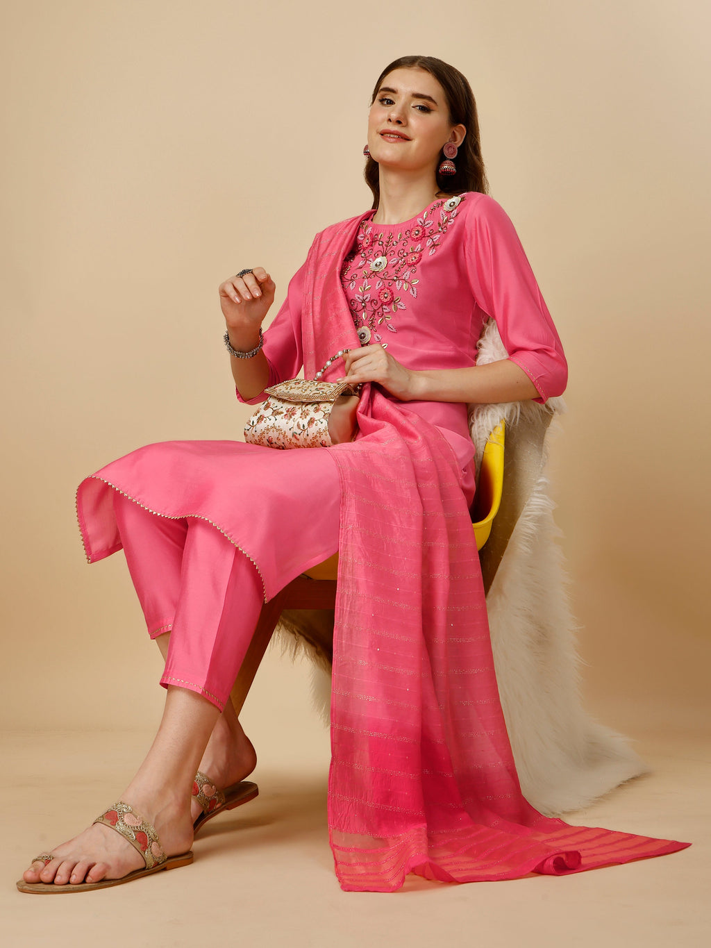 Embroidered Kurta With Pant And Dupatta Set, Multicolor - Hiral Fashion - Distacart