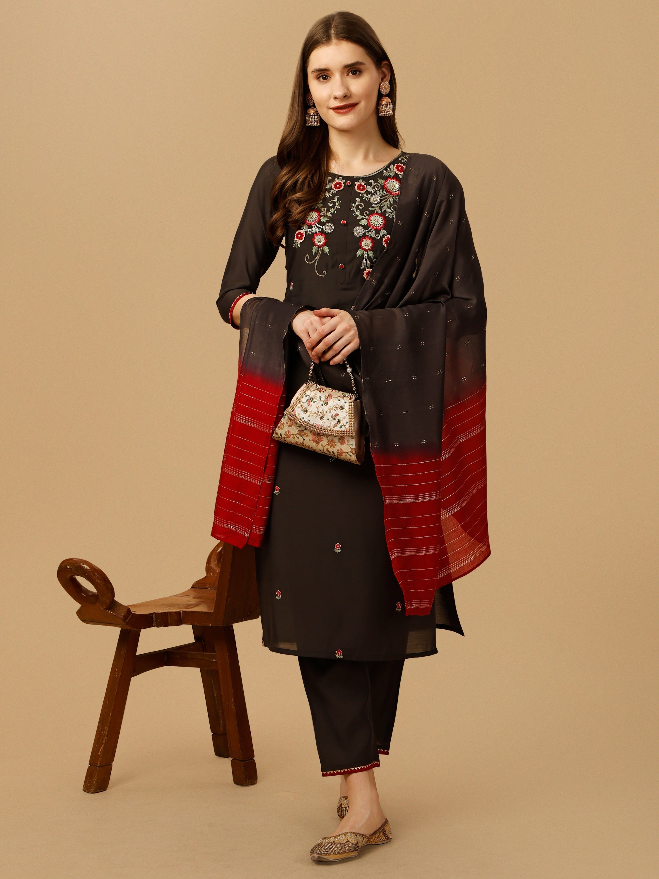 Hand Embroidered Kurta With Pant And Dupatta Set, Multicolor - Hiral Fashion - Distacart