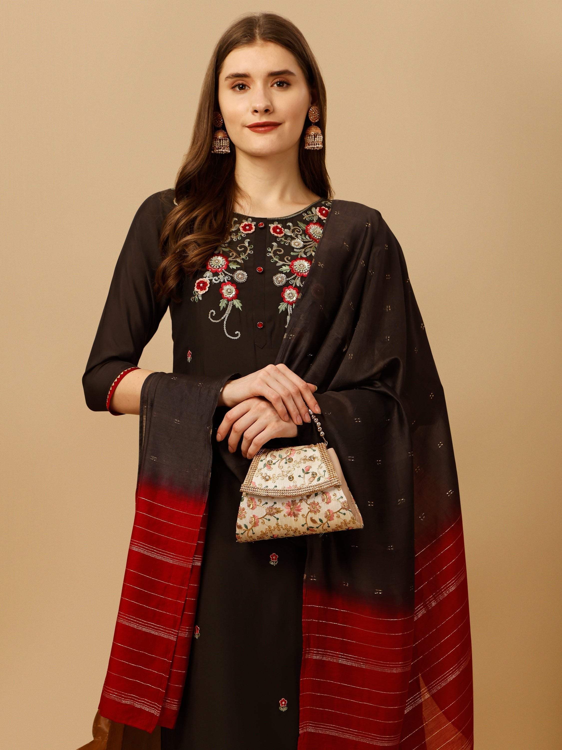 Hand Embroidered Kurta With Pant And Dupatta Set, Multicolor - Hiral Fashion - Distacart