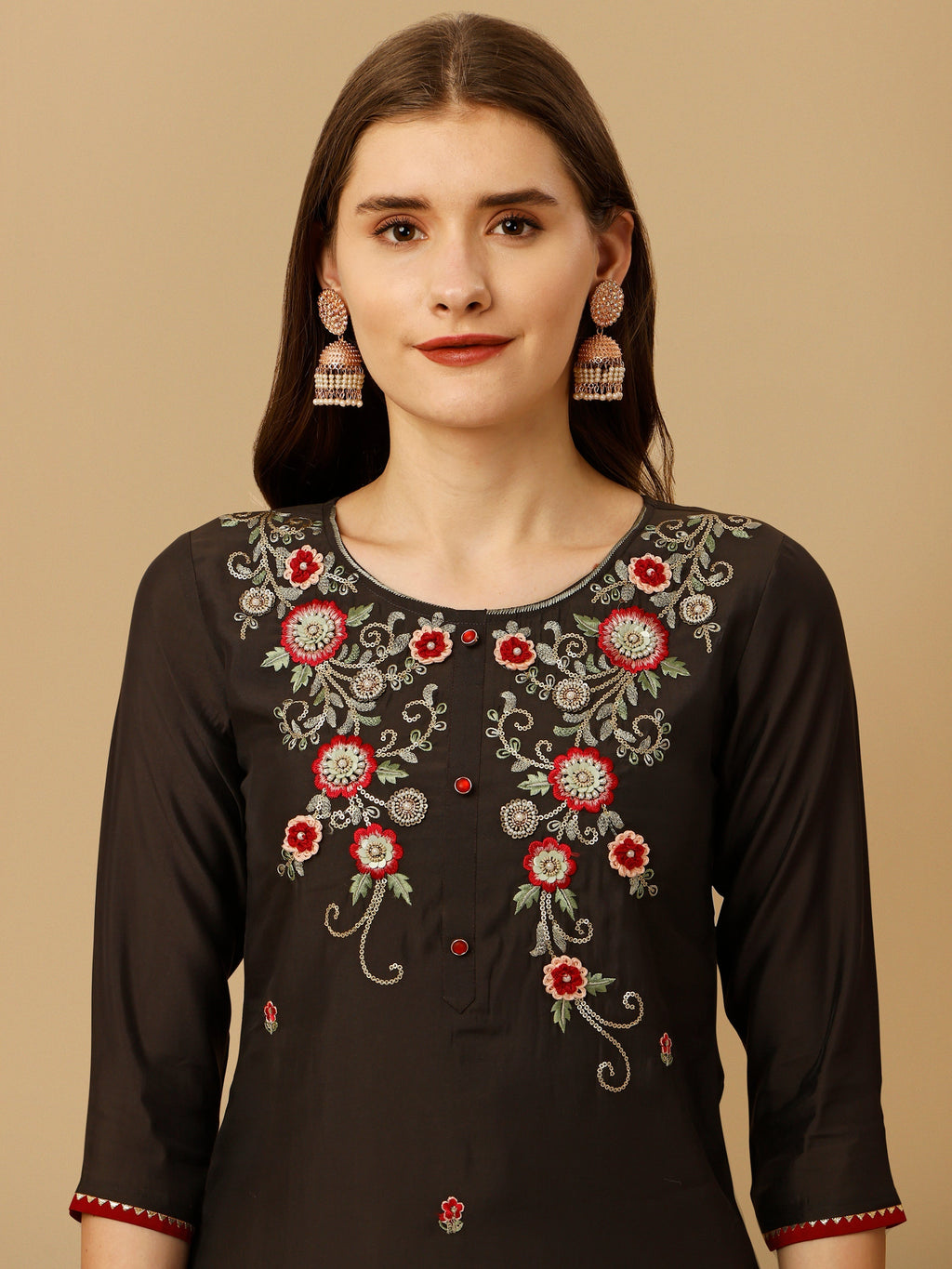 Hand Embroidered Kurta With Pant And Dupatta Set, Multicolor - Hiral Fashion - Distacart
