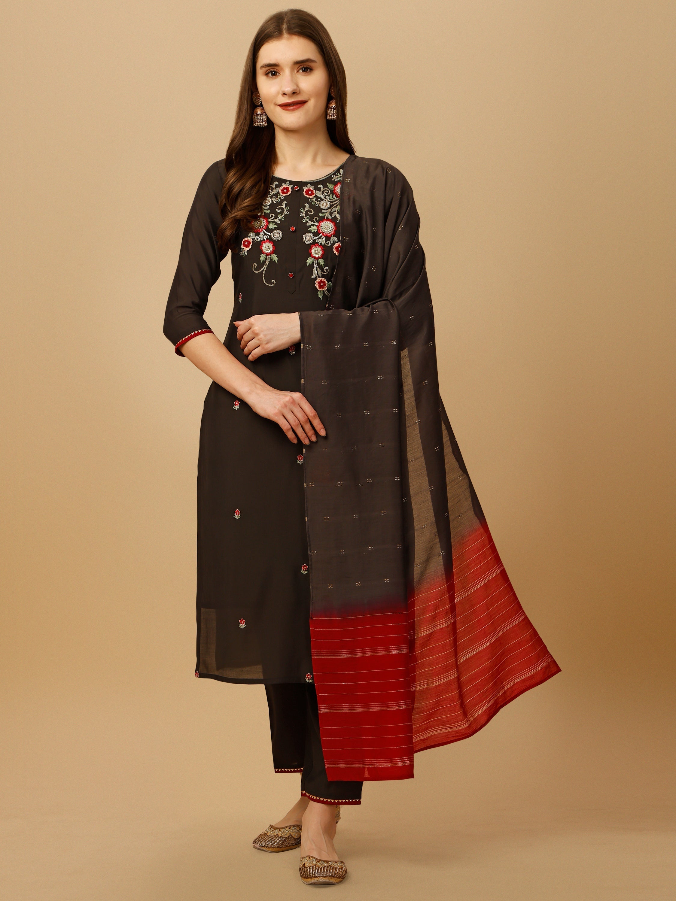 Hand Embroidered Kurta With Pant And Dupatta Set, Multicolor - Hiral Fashion - Distacart