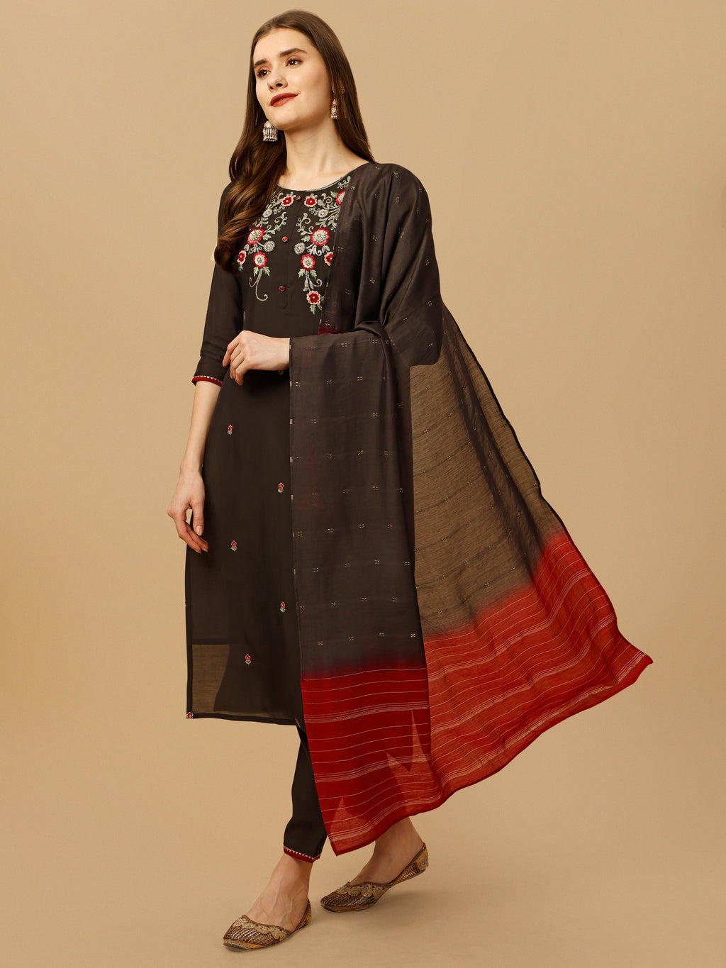 Hand Embroidered Kurta With Pant And Dupatta Set, Multicolor - Hiral Fashion - Distacart