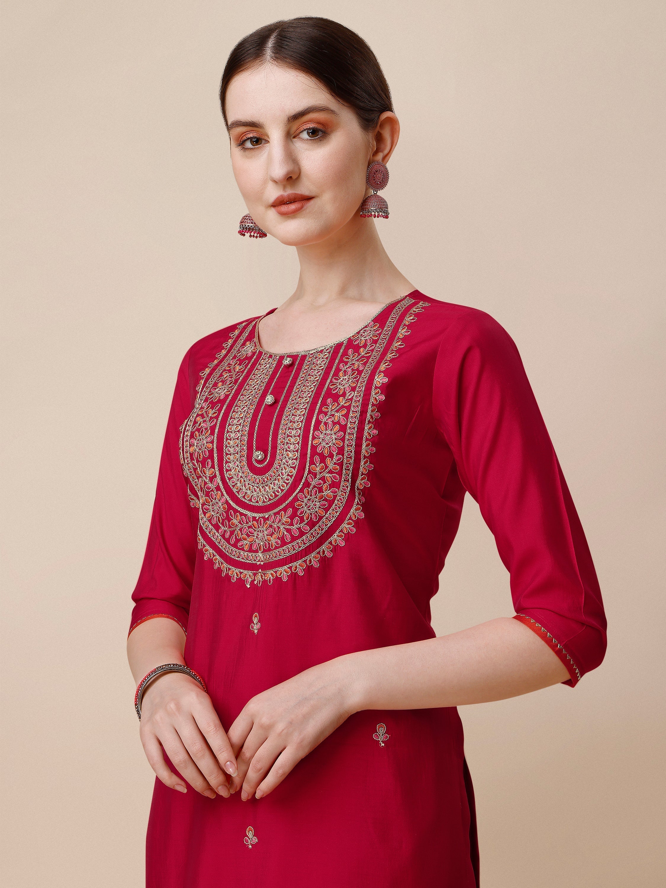 Embroidered Kurta With Pant And Dupatta Set, Multicolor - Hiral Fashion - Distacart
