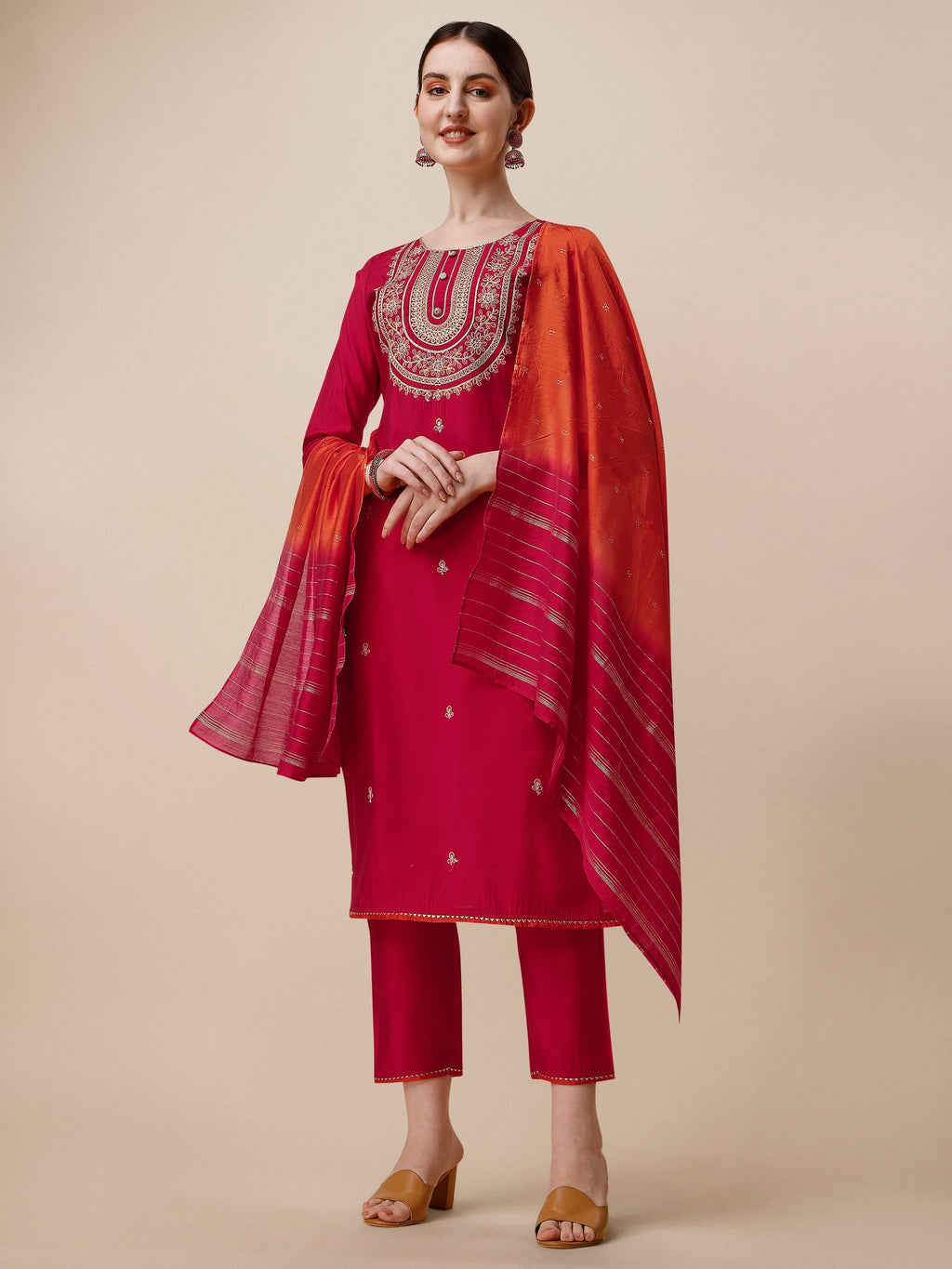 Embroidered Kurta With Pant And Dupatta Set, Multicolor - Hiral Fashion - Distacart