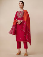 Embroidered Kurta With Pant And Dupatta Set, Multicolor - Hiral Fashion - Distacart