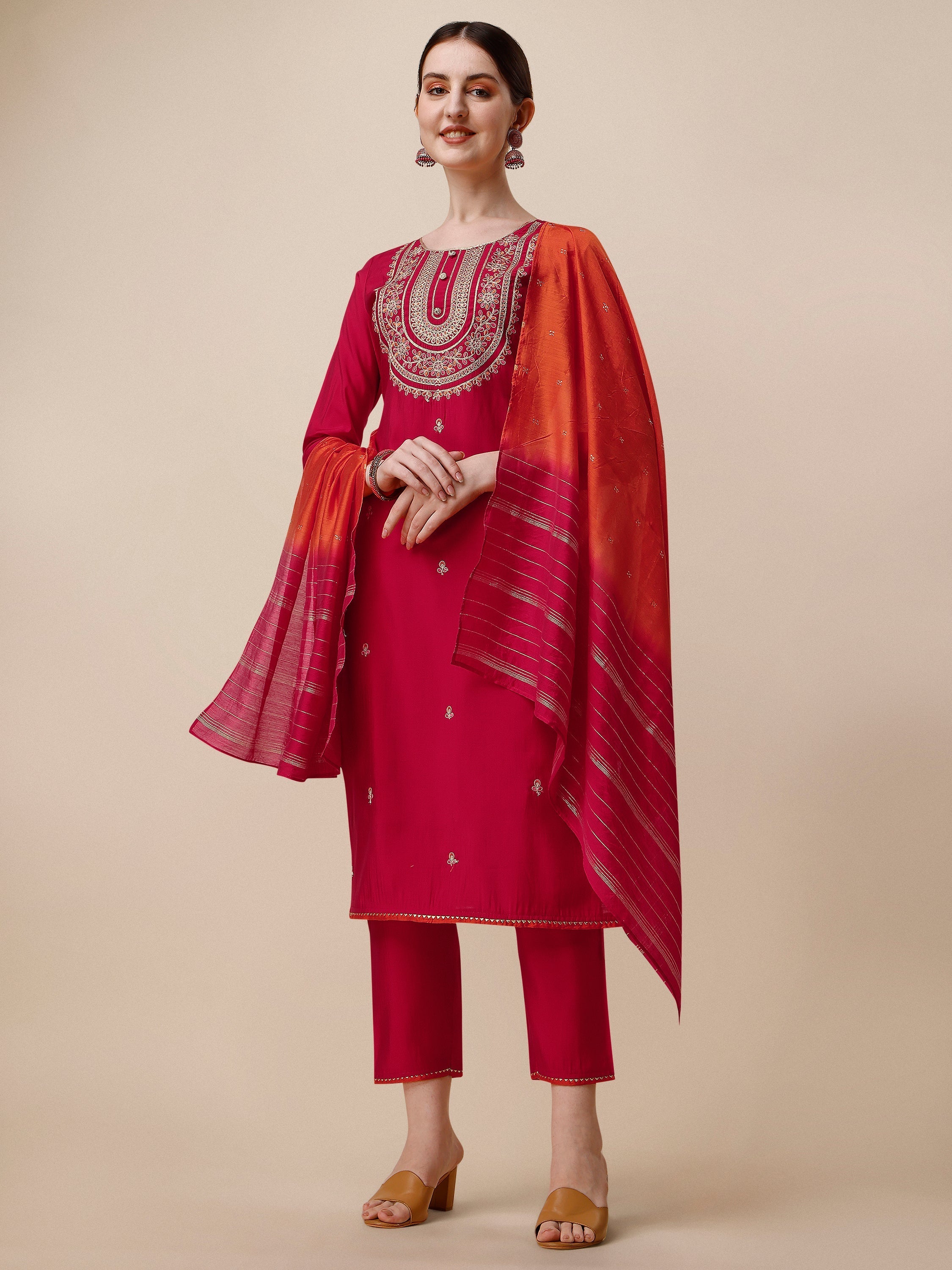 Embroidered Kurta With Pant And Dupatta Set, Multicolor - Hiral Fashion - Distacart
