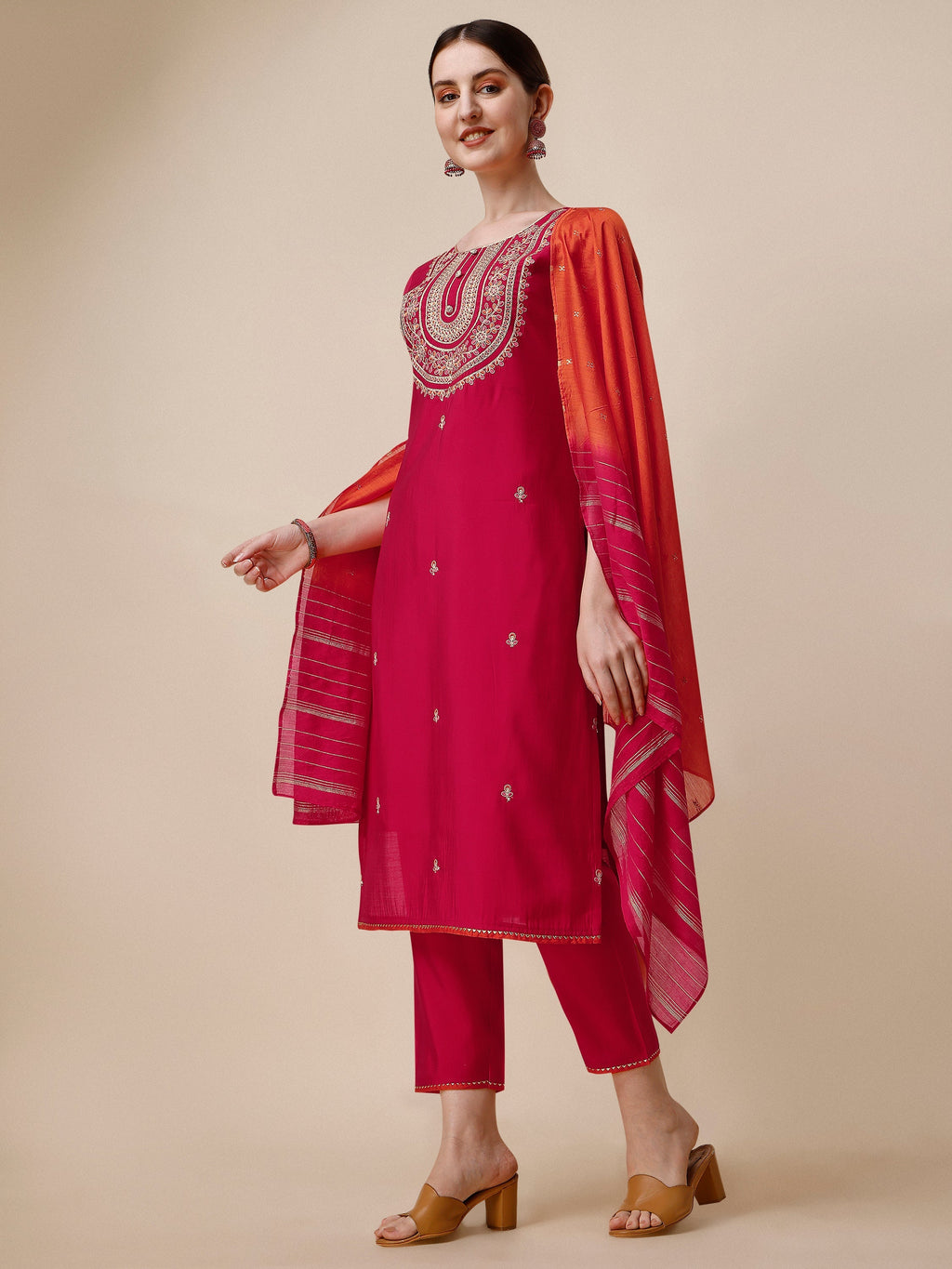 Embroidered Kurta With Pant And Dupatta Set, Multicolor - Hiral Fashion - Distacart