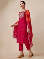 Embroidered Kurta With Pant And Dupatta Set, Multicolor - Hiral Fashion - Distacart