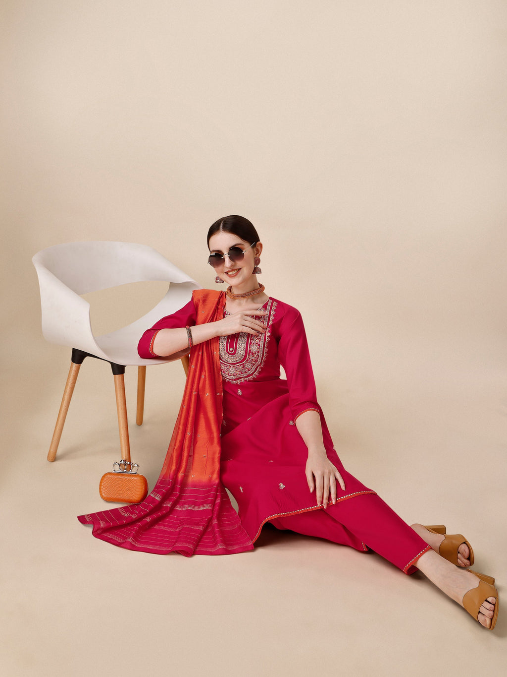 Embroidered Kurta With Pant And Dupatta Set, Multicolor - Hiral Fashion - Distacart