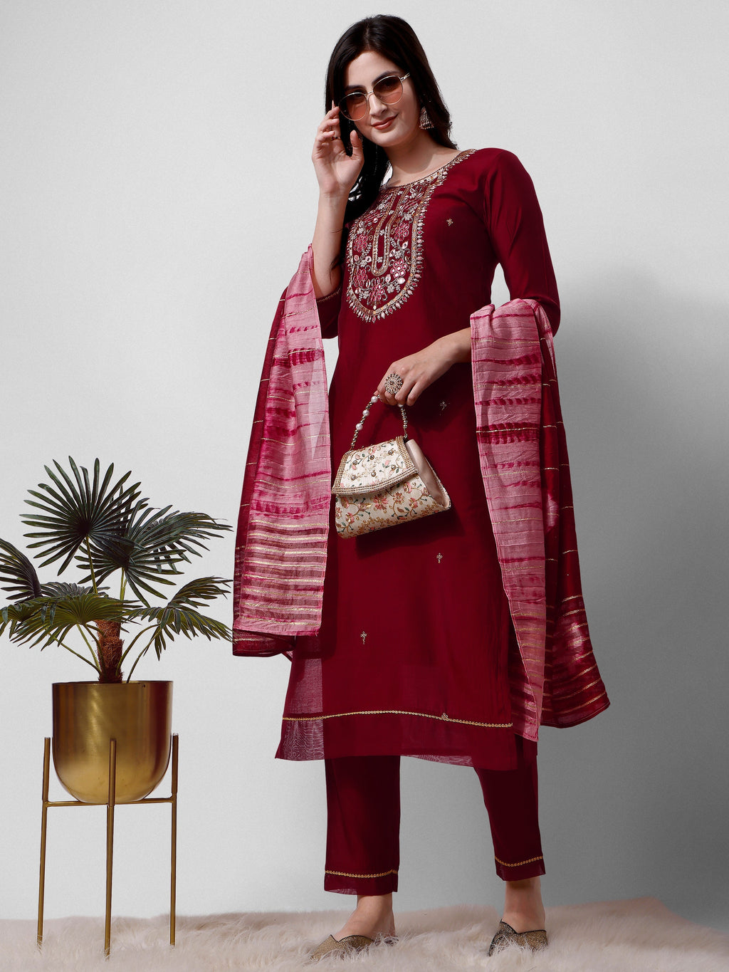 Embroidered Kurta With Pant And Dupatta Set, Multicolor - Hiral Fashion - Distacart
