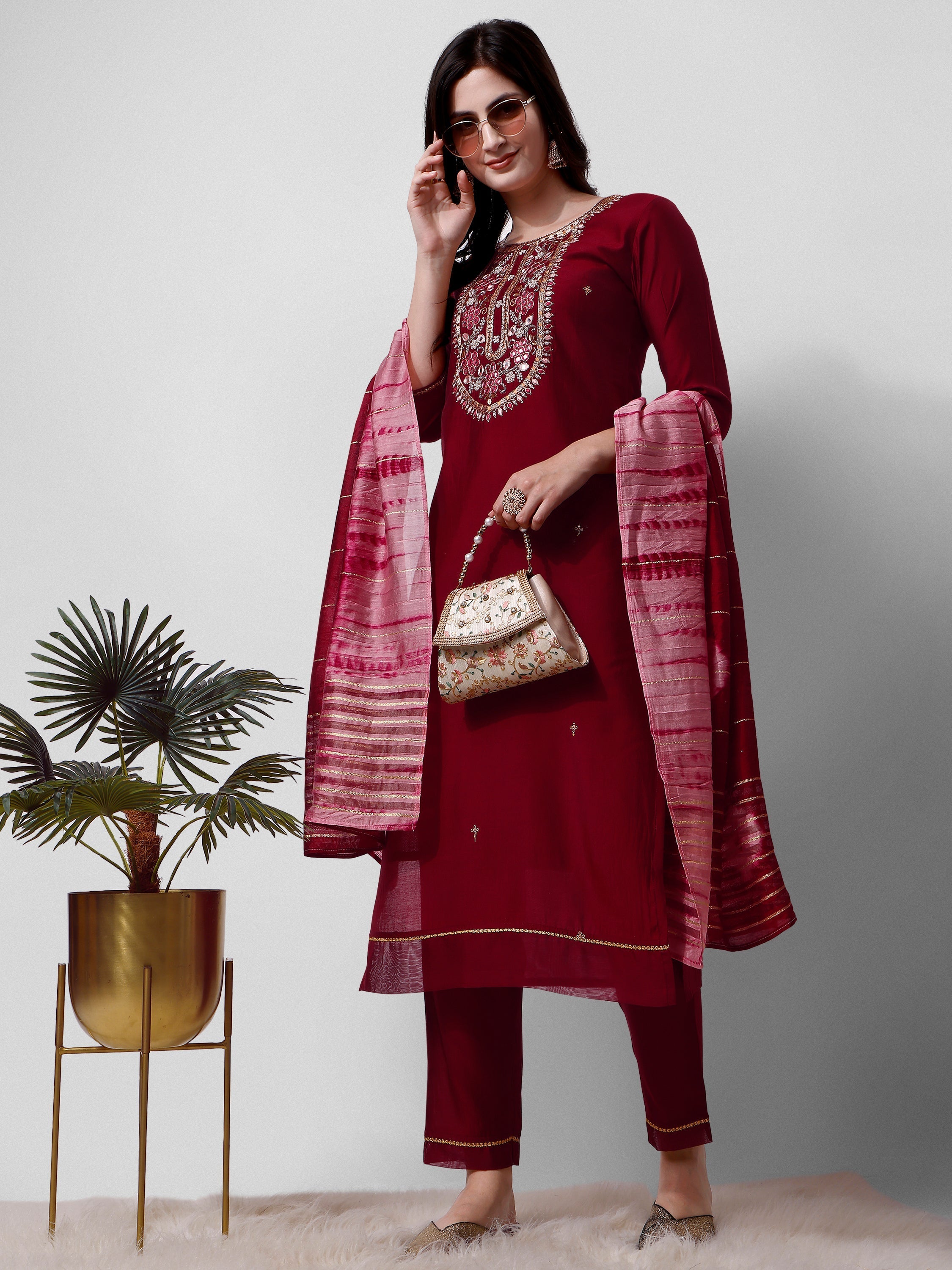 Embroidered Kurta With Pant And Dupatta Set, Multicolor - Hiral Fashion - Distacart