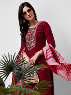 Embroidered Kurta With Pant And Dupatta Set, Multicolor - Hiral Fashion - Distacart